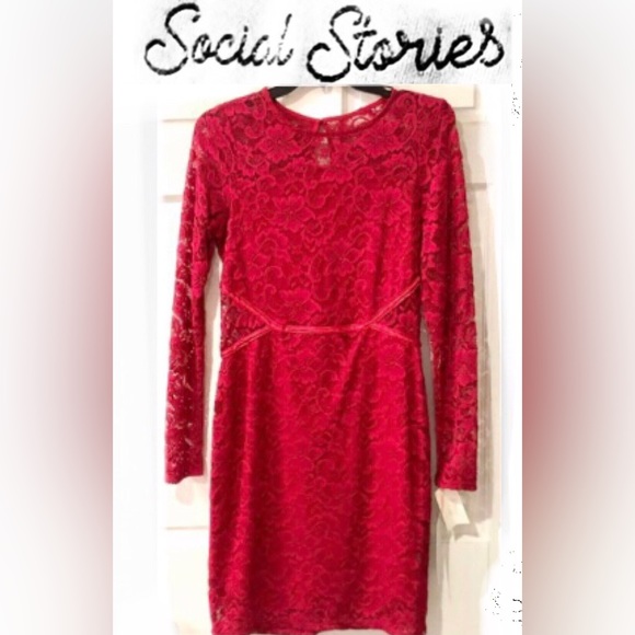 social stories Dresses & Skirts - ♥️ SOCIAL STORIES misses evening all over red lace dress long sleeve sizeM NWT